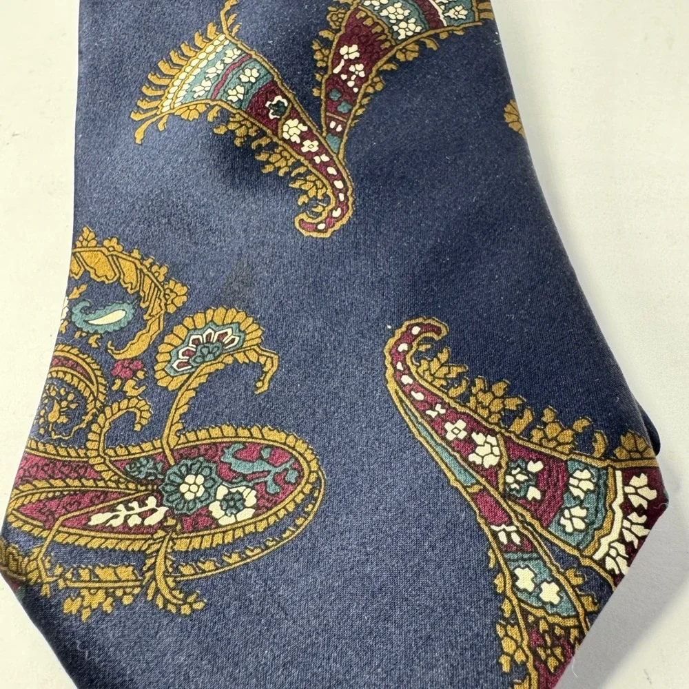 Christian Dior Monsieur Silk Tie Navy Blue Paisley Floral Italian Fabric USA VTG
